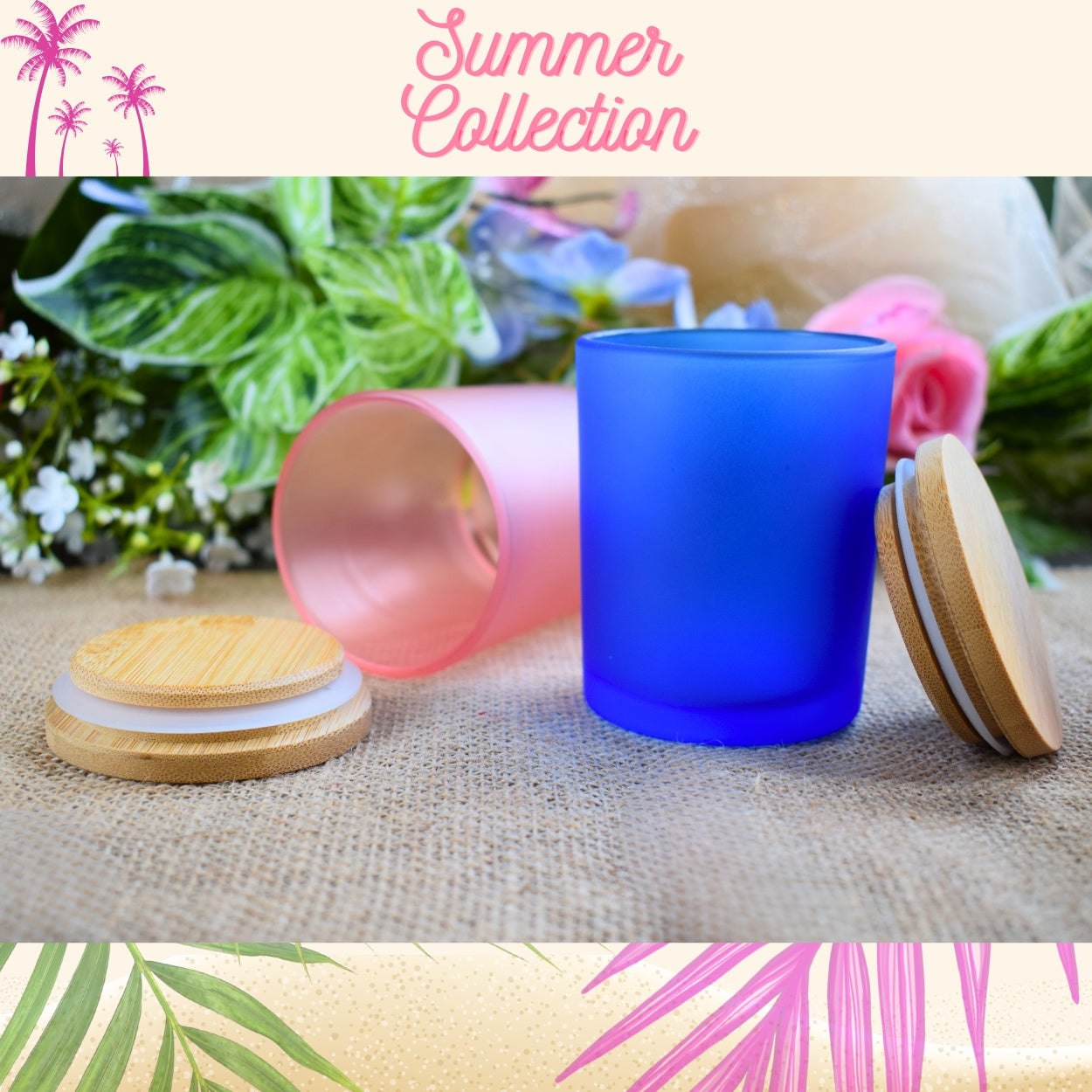 Vaso para velas de colores con tapa de bambú